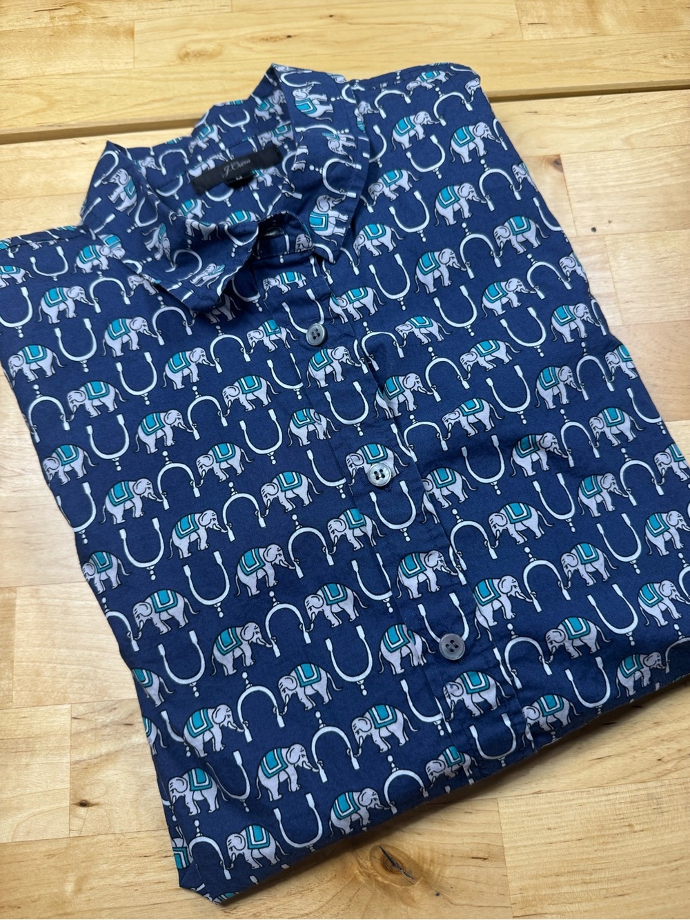 J. Crew Navy Perfect Shirt with Turquoise & White Elephant Print